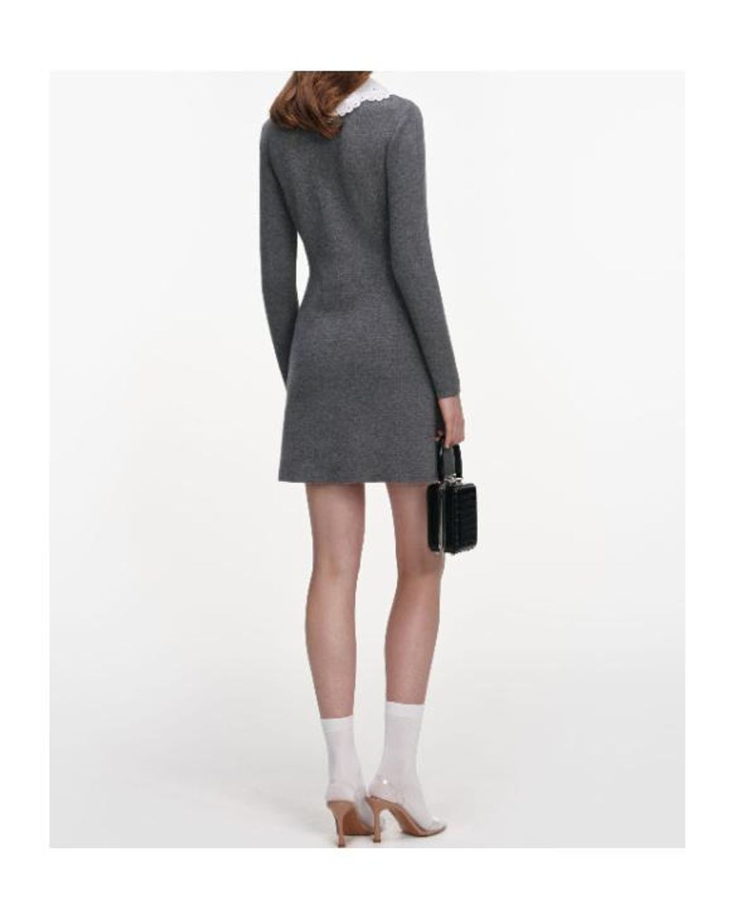 Self-Portrait Gray Contrast Collar Knitted Dress