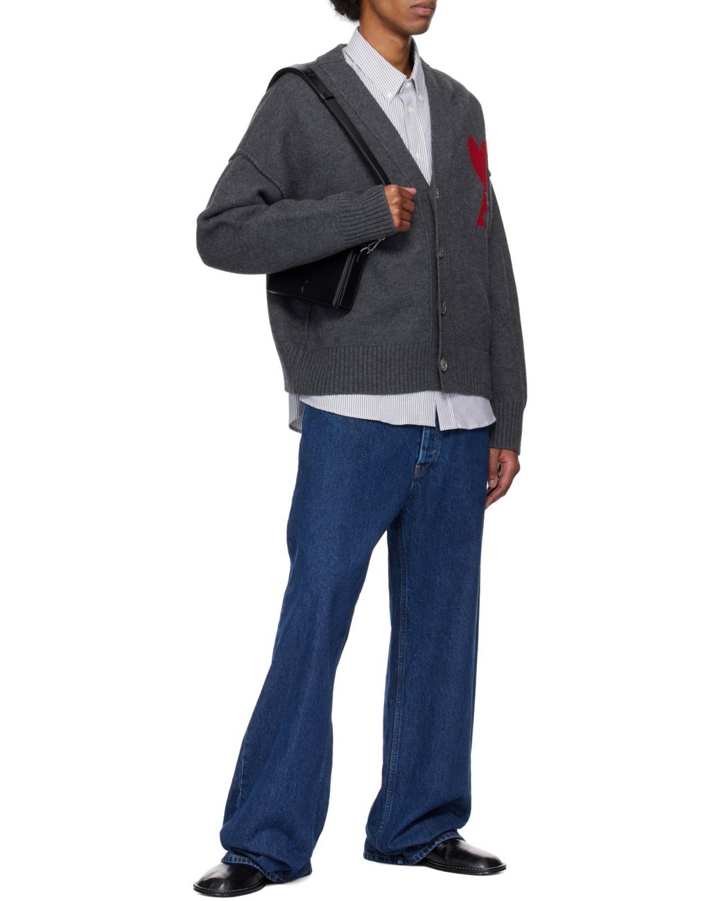 AMI Gray Ami De Coeur Logo Intarsia V-Neck Cardigan for men