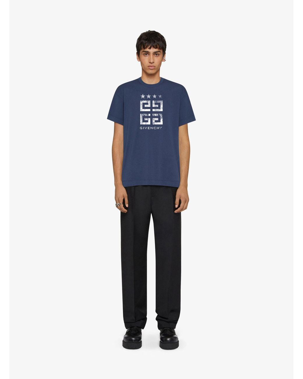 Givenchy Blue Faded 4G Logo Printed Crewneck T-Shirt for men