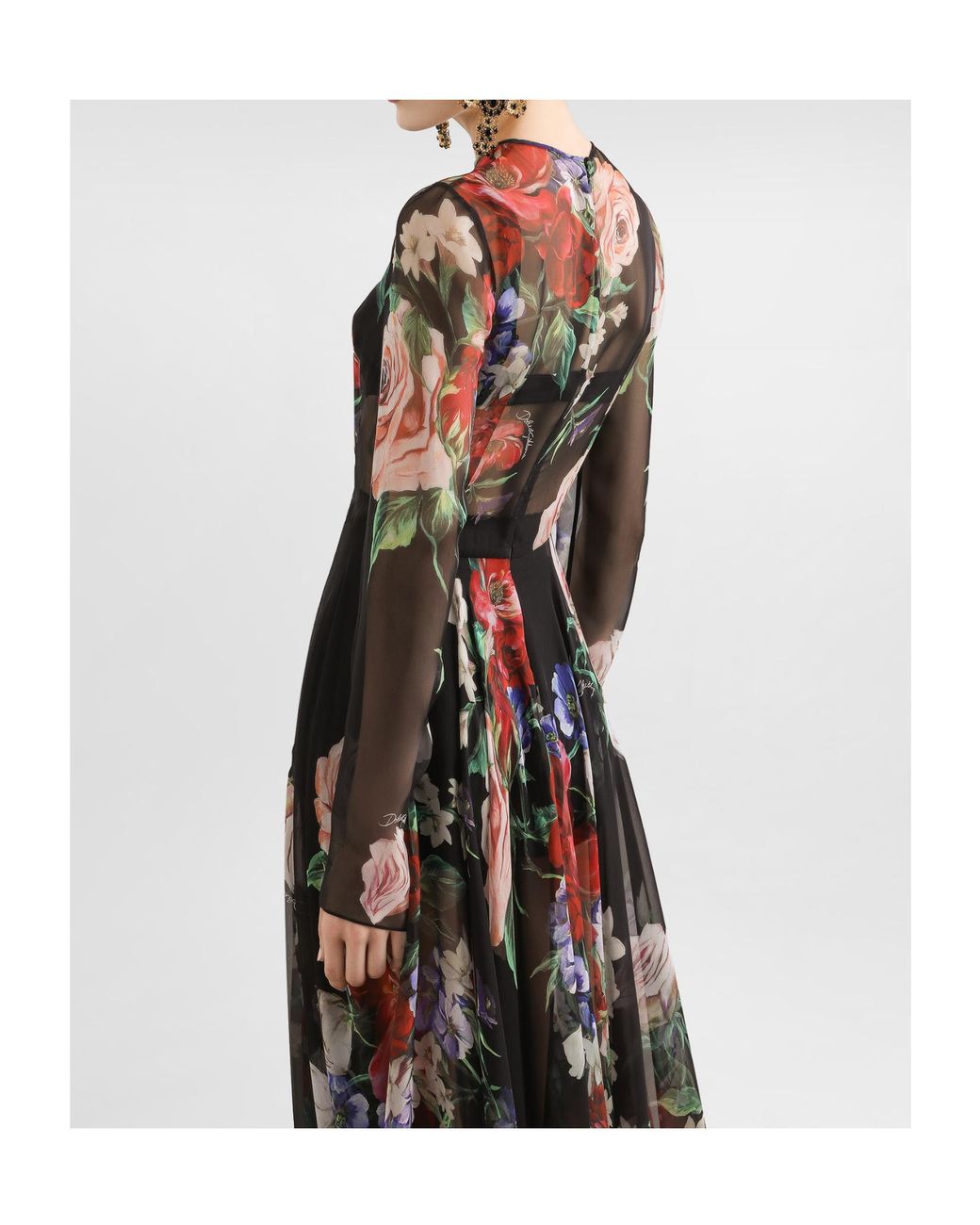 Dolce & Gabbana Black Floral Printed Chiffon Calf-Length Dress