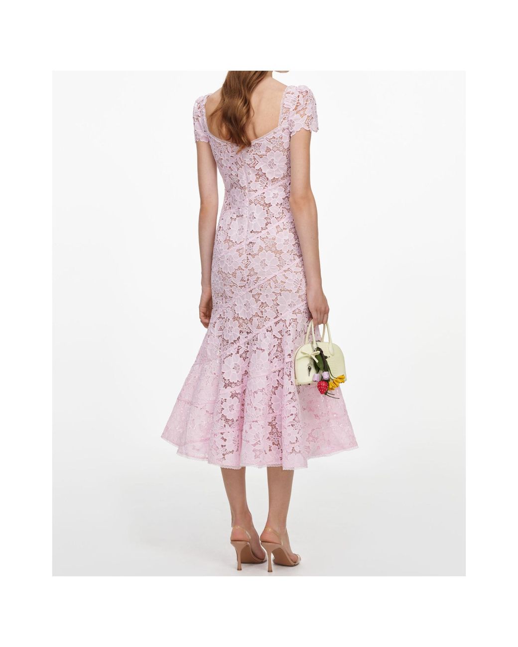Self-Portrait Pink Floral-Lace Fluted-Hem Midi Dress