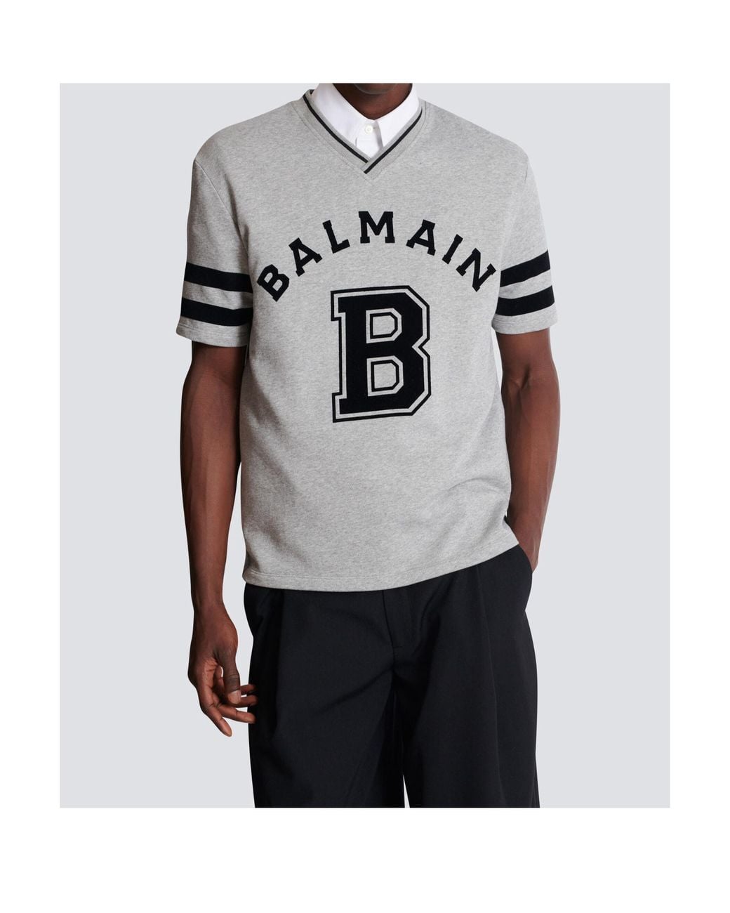 Balmain Gray V-Neck Logo-Print T-Shirt for men
