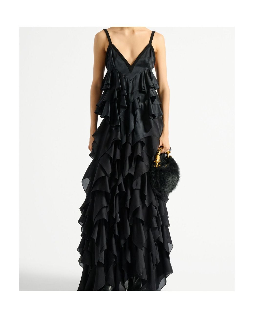 Balmain Black Silk Satin Ruffled Top