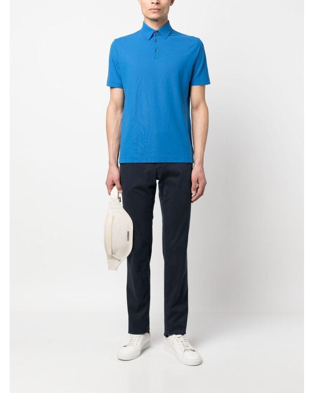 Zanone Blue Short-Sleeved Straight-Hem Polo Shirt for men
