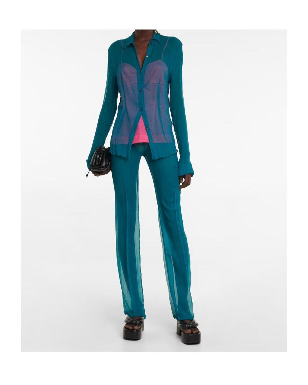 Dries Van Noten Blue High-Waisted Silk Straight-Leg Pants