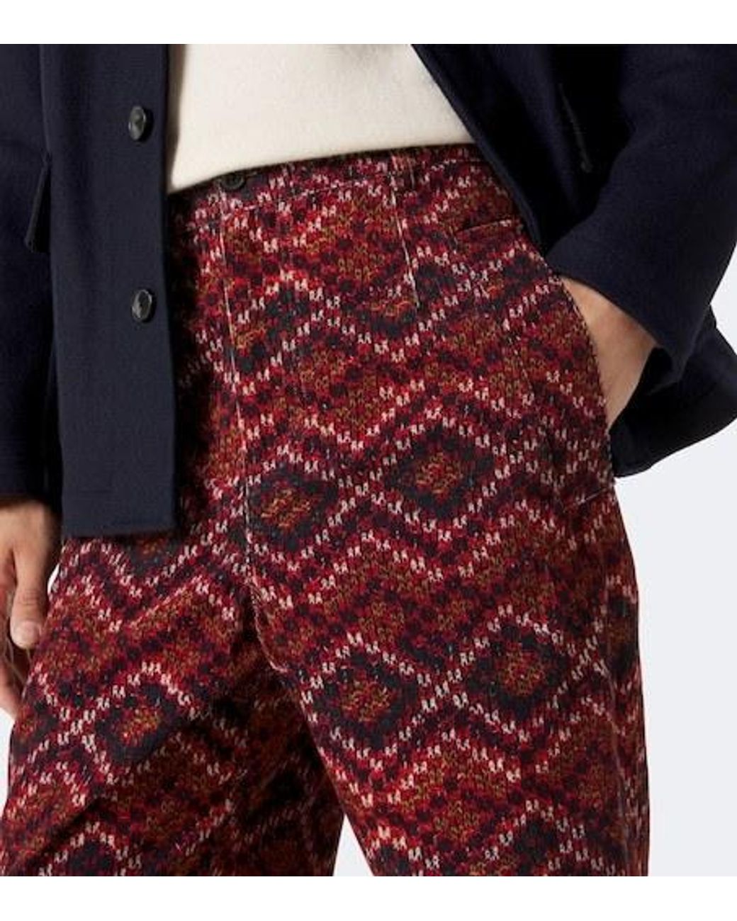 Dries Van Noten Red Printed Cotton Corduroy Straight Pants for men
