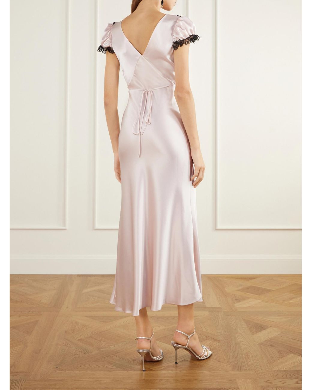 Rodarte Pink Lace-Trimmed Satin Midi Dress