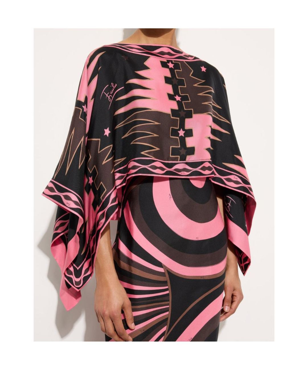 Emilio Pucci Red Iride Print Silk Dress With Cape