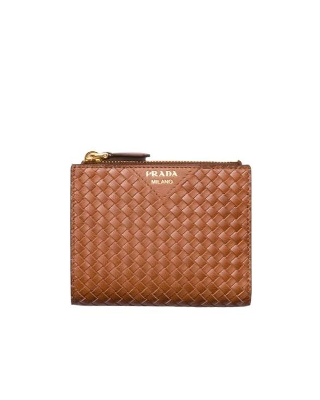 Prada Brown Small Woven Madras Leather Wallet