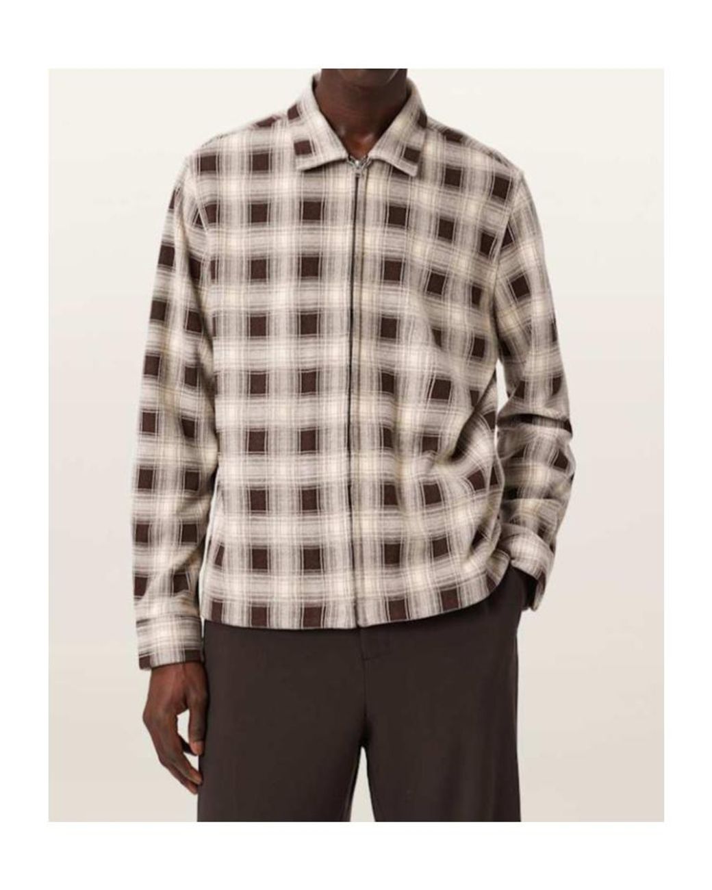 AllSaints Natural Krater Checked Long Sleeve Shirt for men