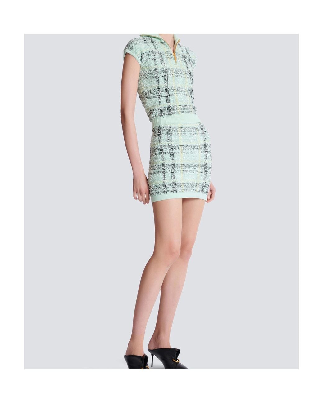 Balmain Blue Sleeveless Plaid Tweed Top