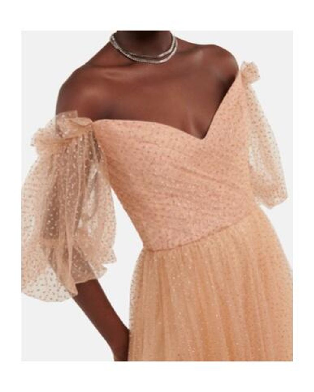 Monique Lhuillier Natural Embellished Tulle Off-Shoulder Gown