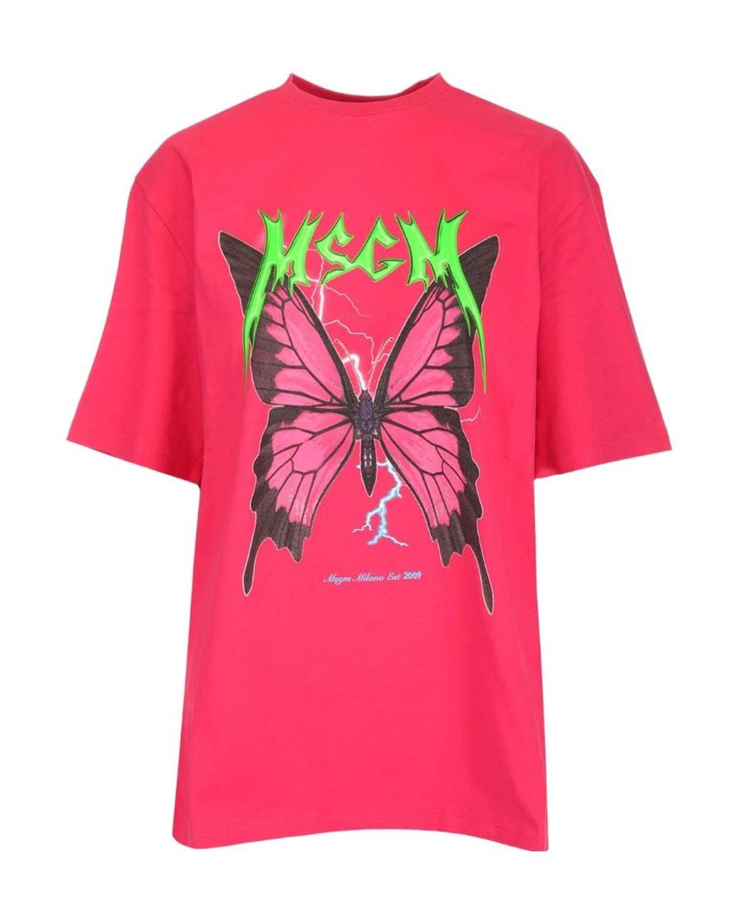 MSGM Pink Butterfly Printed Big Profile T-Shirt