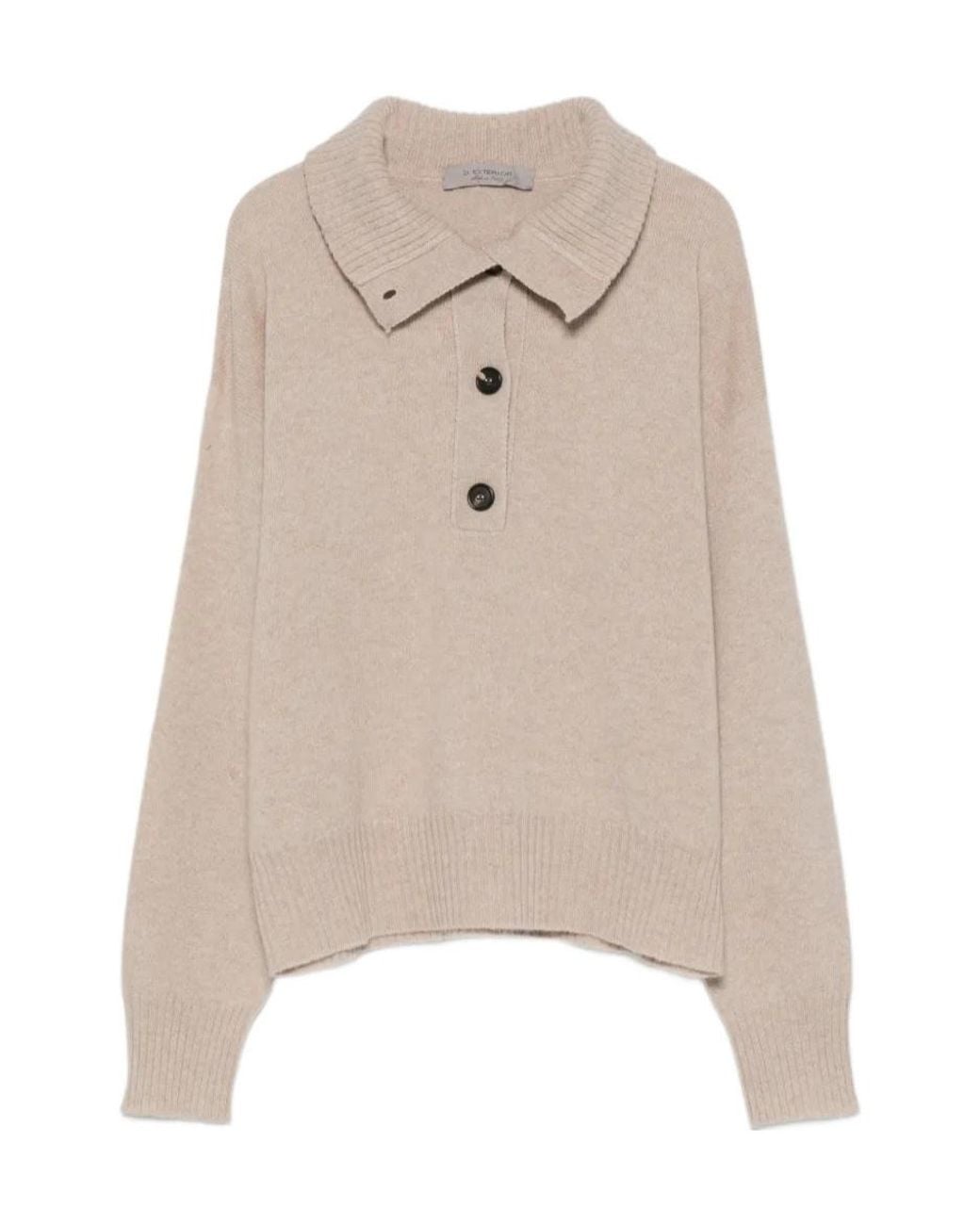 D.exterior Natural Button-Down Polo-Collar Sweater