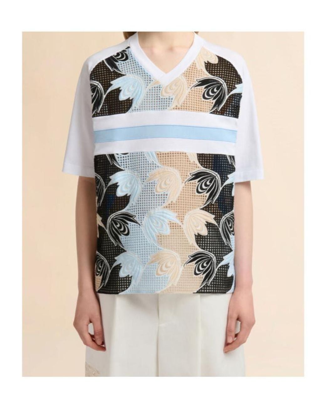 Marni Blue Embroidered Panel V-Neck T-Shirt