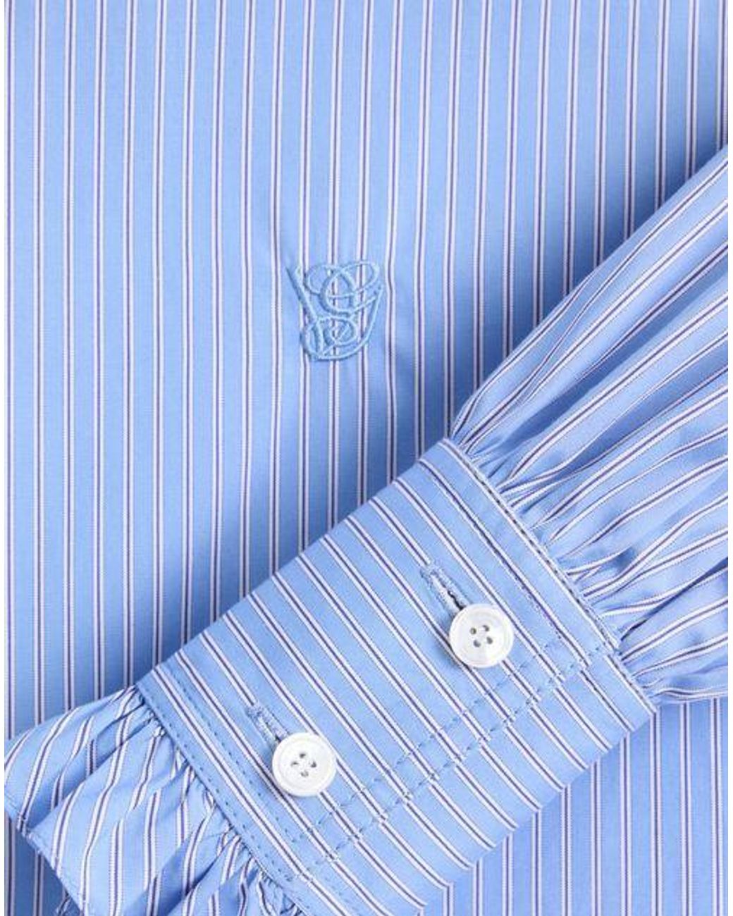 Valentino Blue Ruffled-Trim Striped Button-Up Shirt