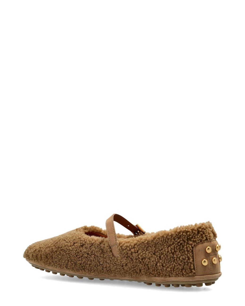 Tod's Brown Buckled Shearling-Effect Ballet Flats
