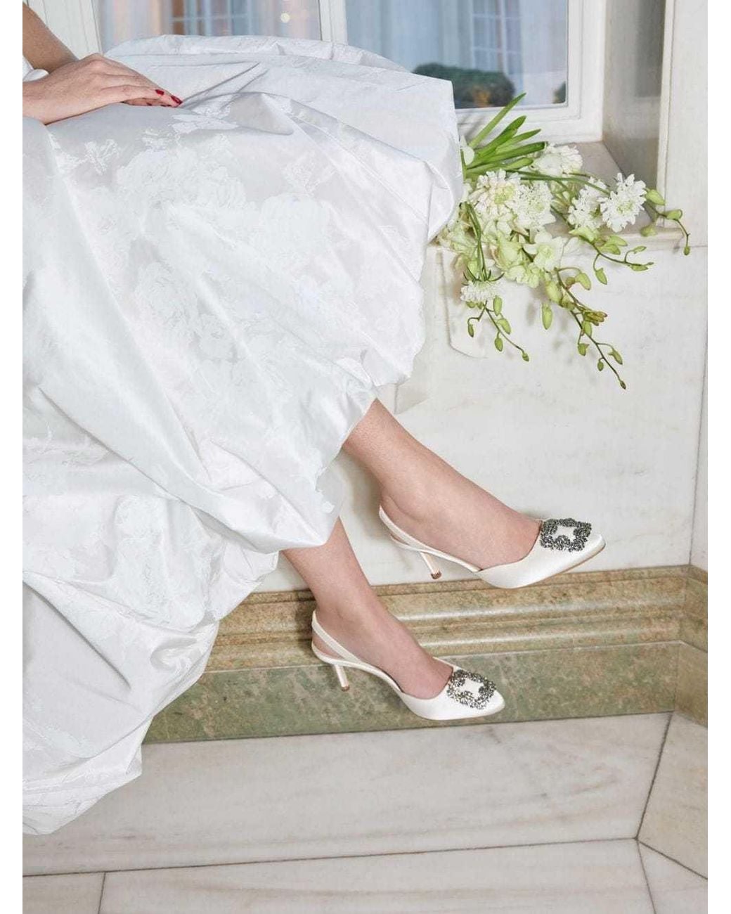 Manolo Blahnik White Crystal Buckle Slingback Heeled Pumps