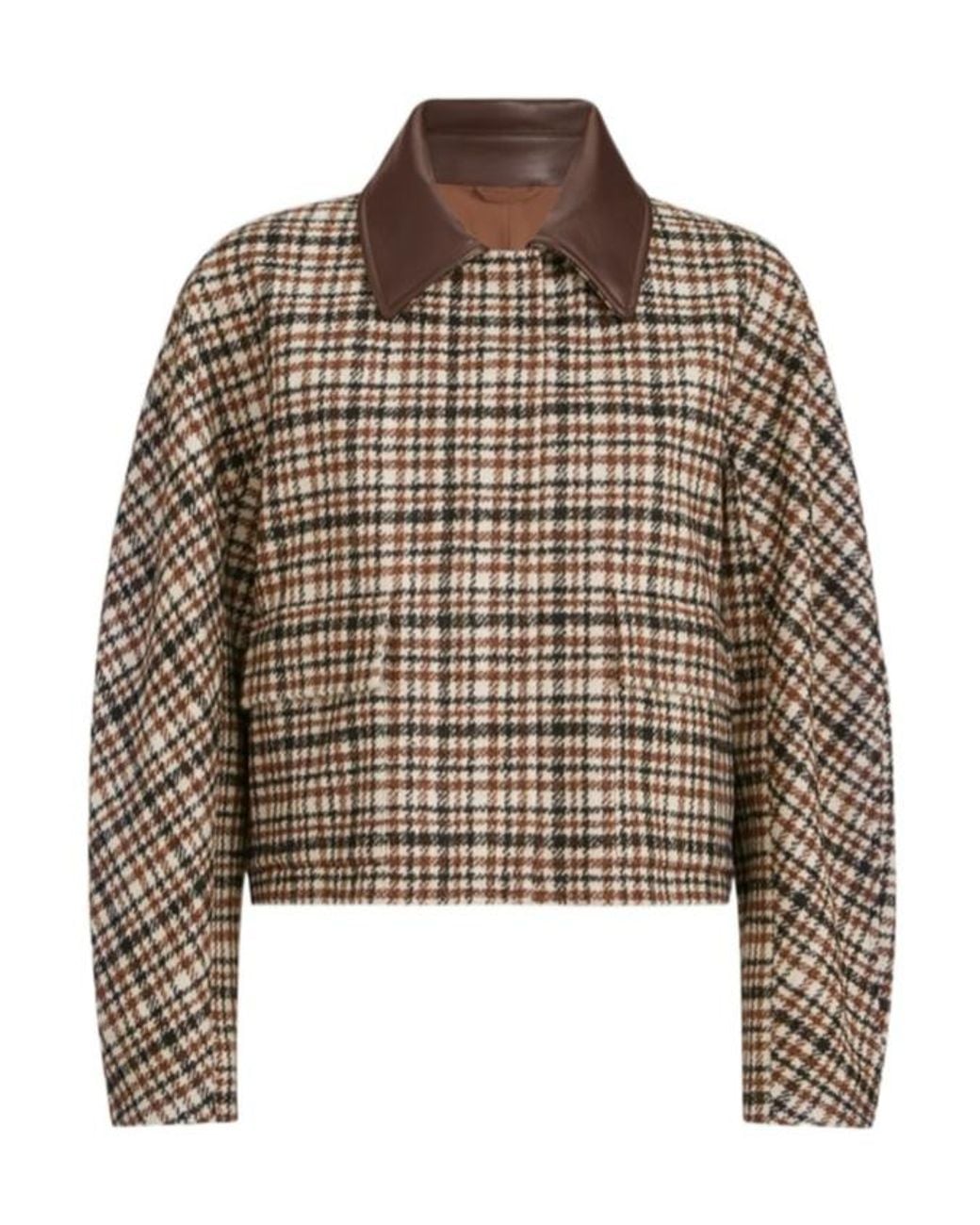 Brunello Cucinelli Brown Comfort Checked Wool And Alpaca Outerwear Jacket With Leather Collar And Monili