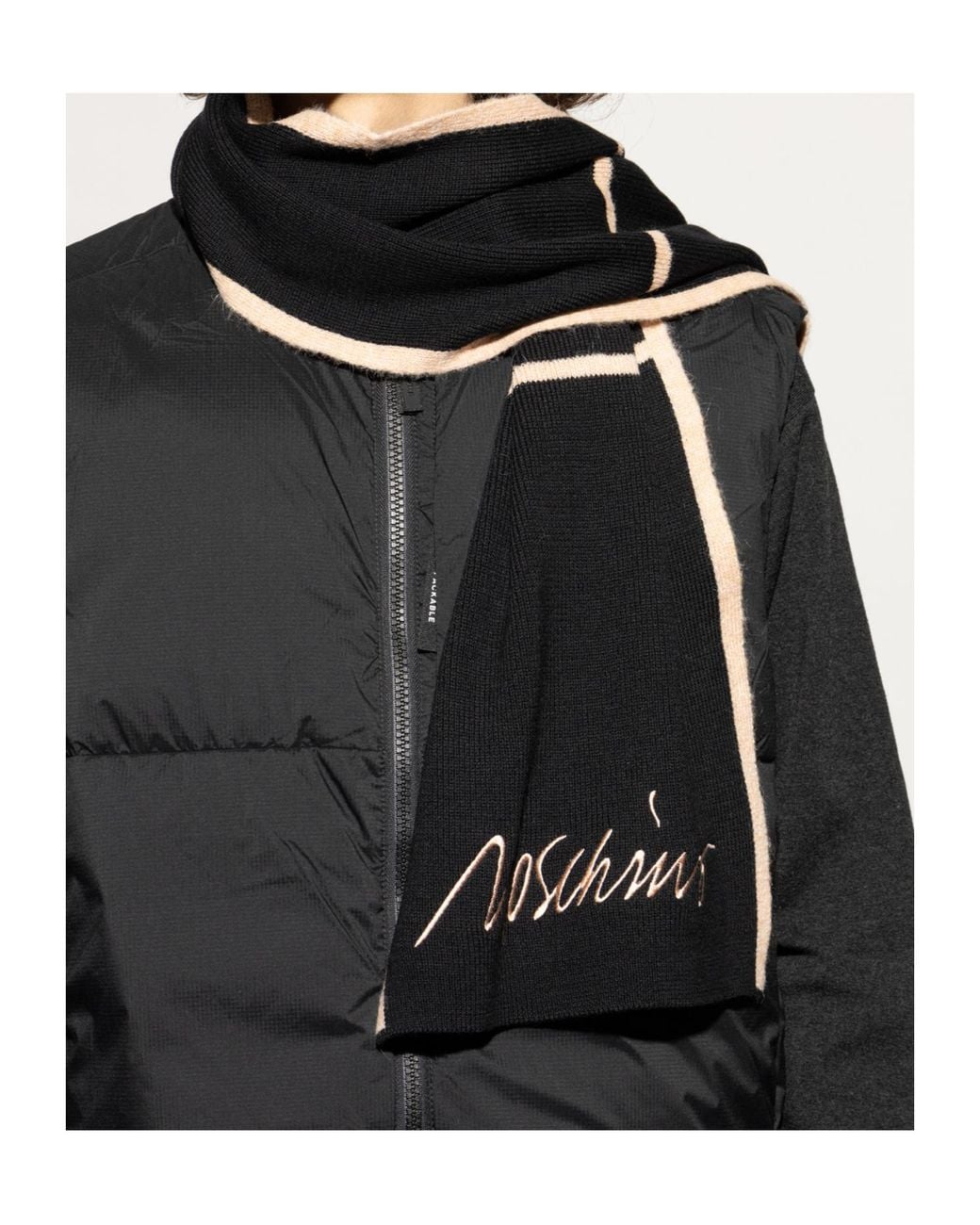 Moschino Black Logo Embroidery Striped Scarf for men