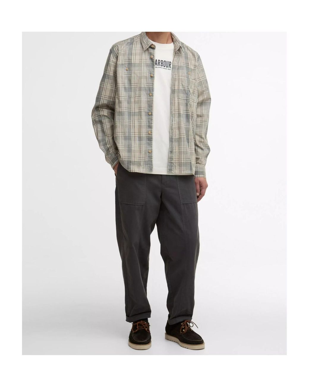 Barbour Gray Maxwell Checked Patch Long-Sleeved Relaxed Shirt for men