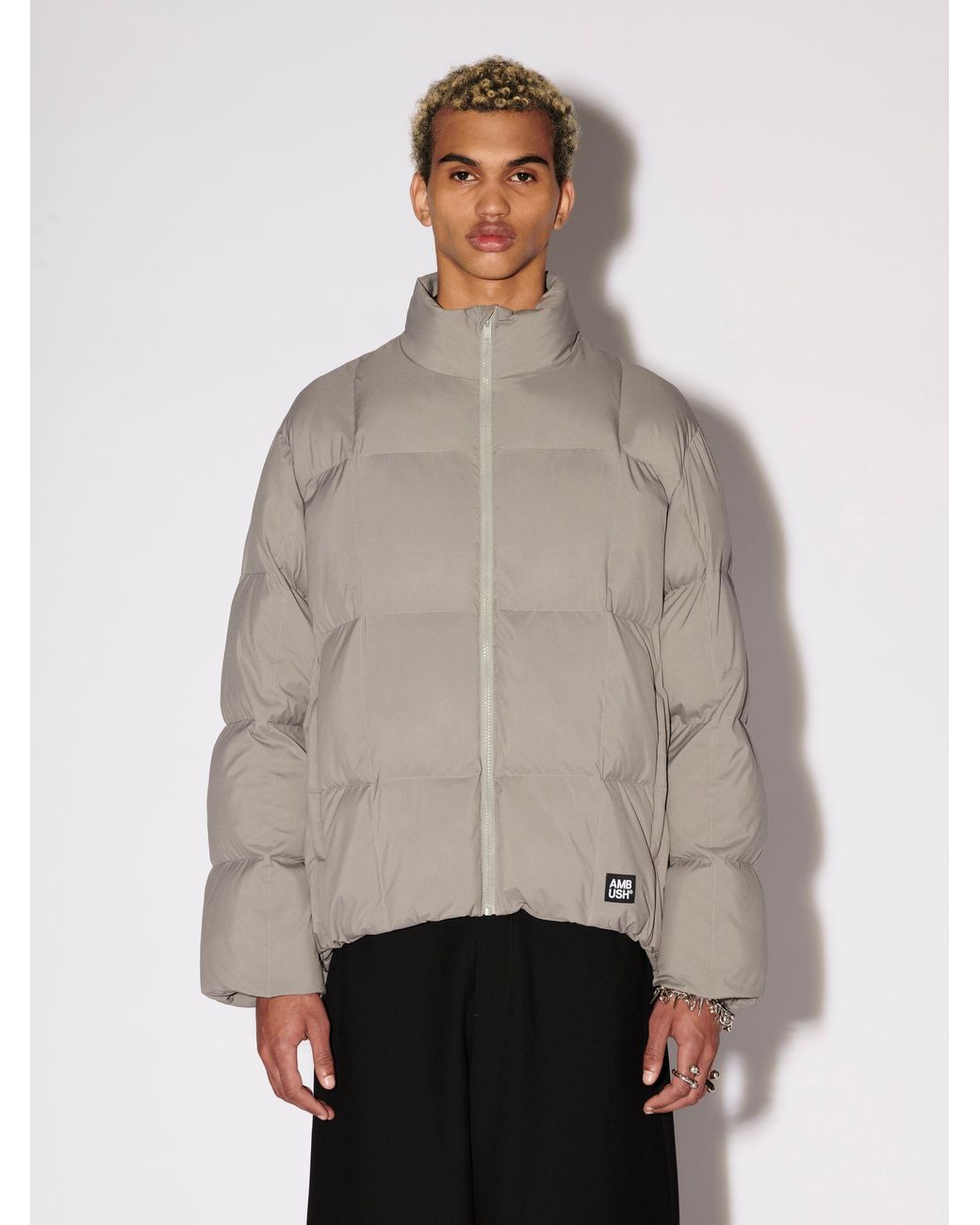Ambush Gray Logo Patch Puffer Jacket for men