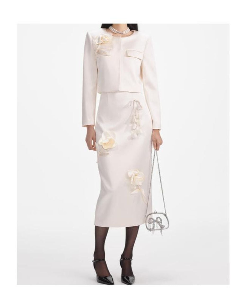Self-Portrait White 3D Flower Satin Midi Skirt