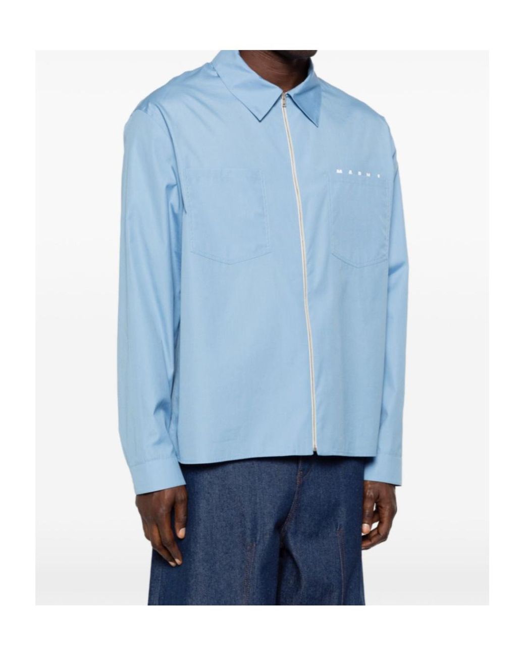 Marni Blue Logo Printed Long-Sleeved Zipped Shirt for men