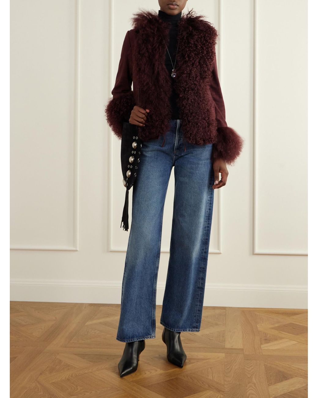 Rixo Purple Shearling-Trimmed Suede Jacket