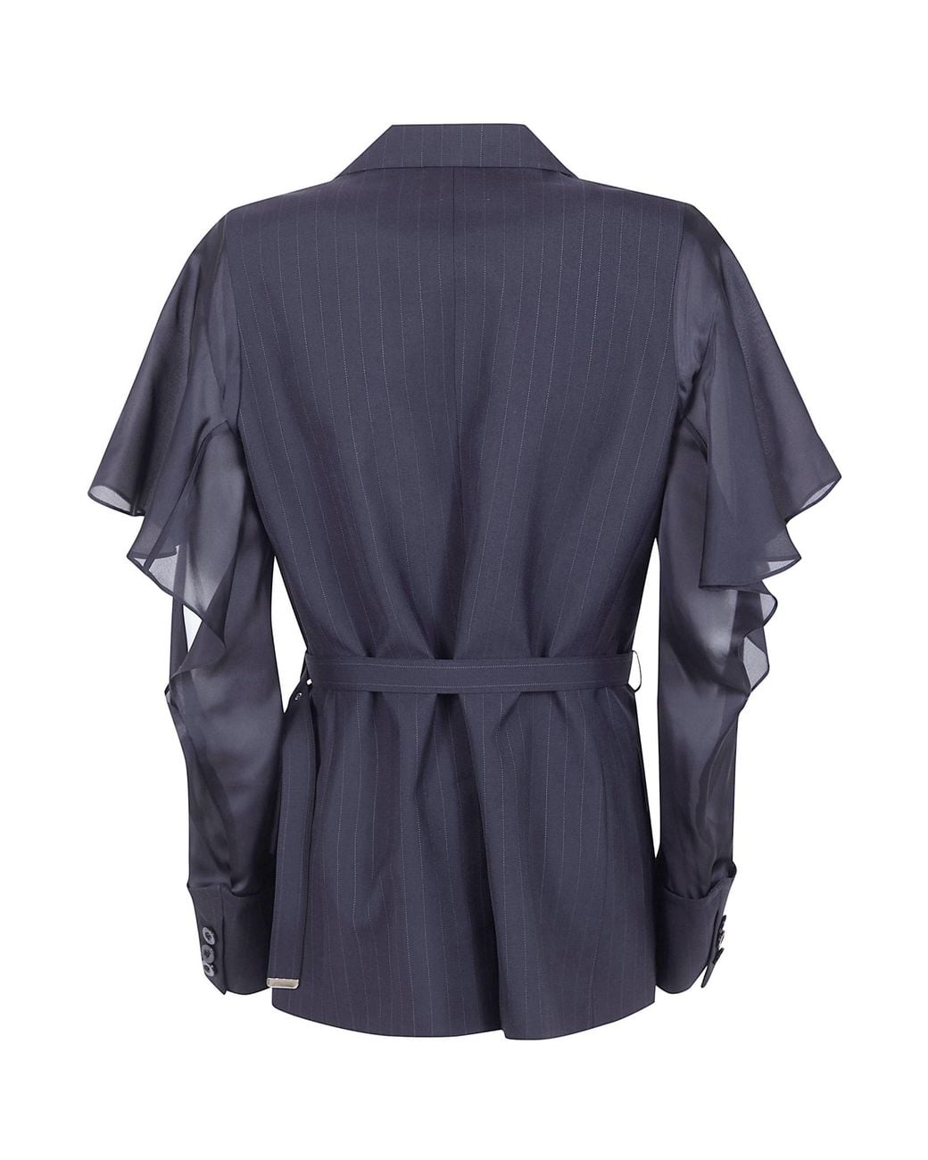 Sacai Blue Double-Breasted Striped Belted Jacket