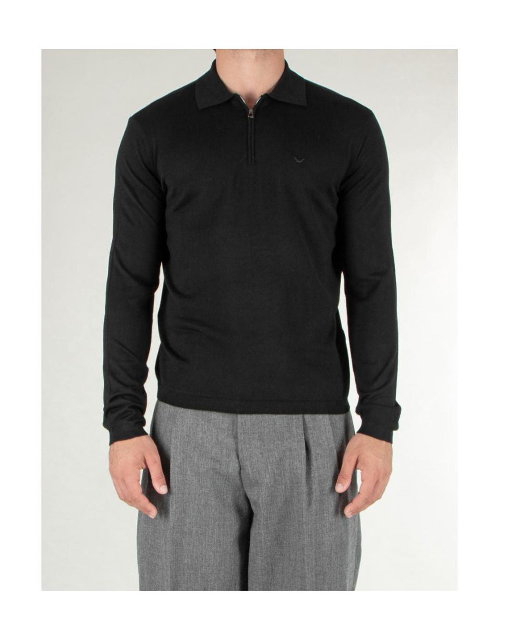 Emporio Armani Black Zip-Neck Embroidered Logo Polo Shirt for men