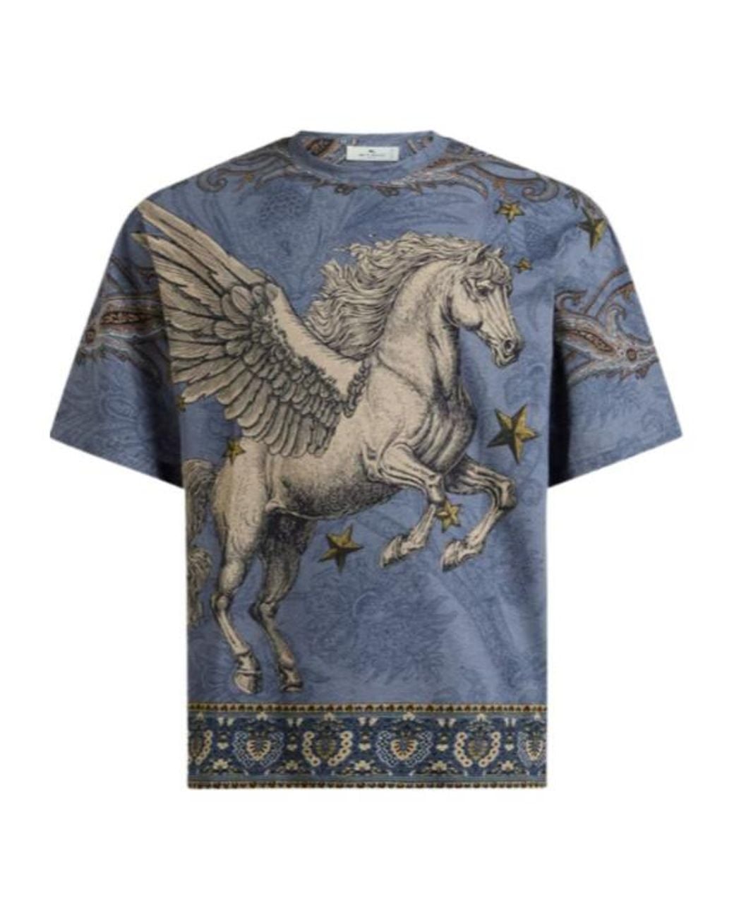 Etro Blue Cotton Jersey T-Shirt With Placed Pegaso Print for men