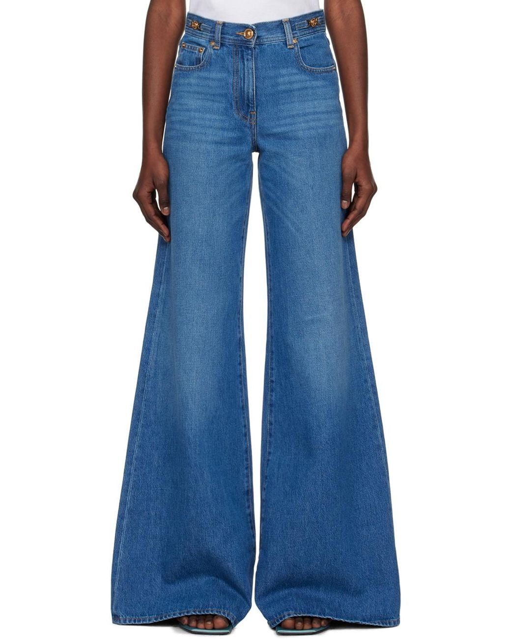 Versace Blue Medusa 95 Logo-Engraved Mid-Rise Flared Jeans