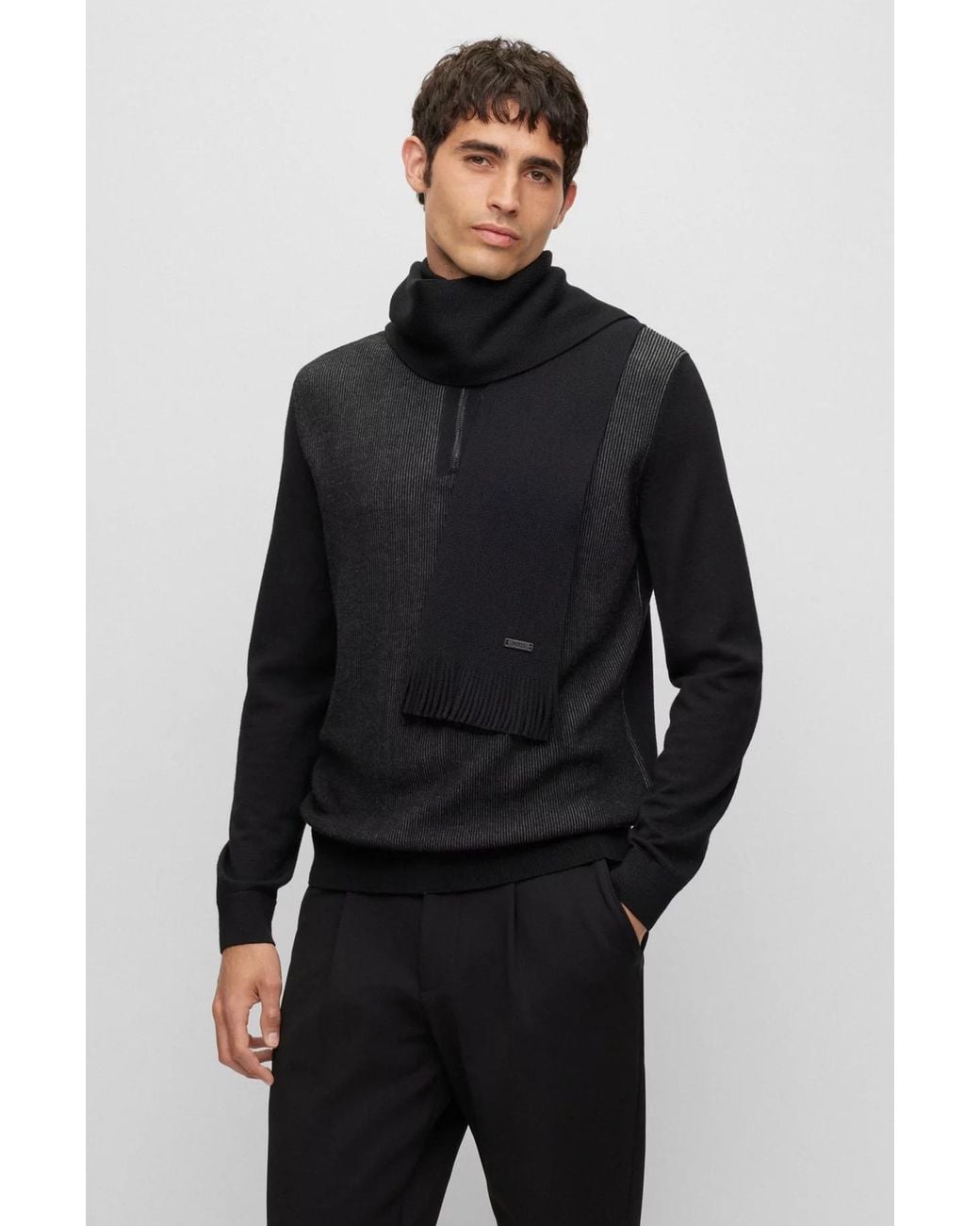 Boss Black Logo-Patch Virgin Wool Scarf for men
