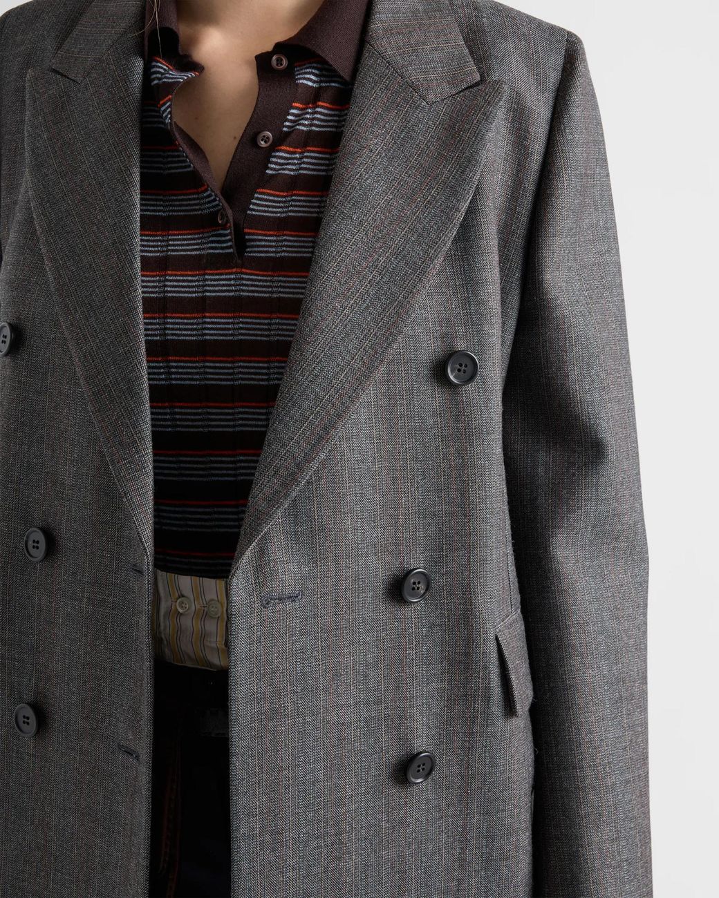 Prada Gray Double-Breasted Pinstriped Mouliné Wool Jacket