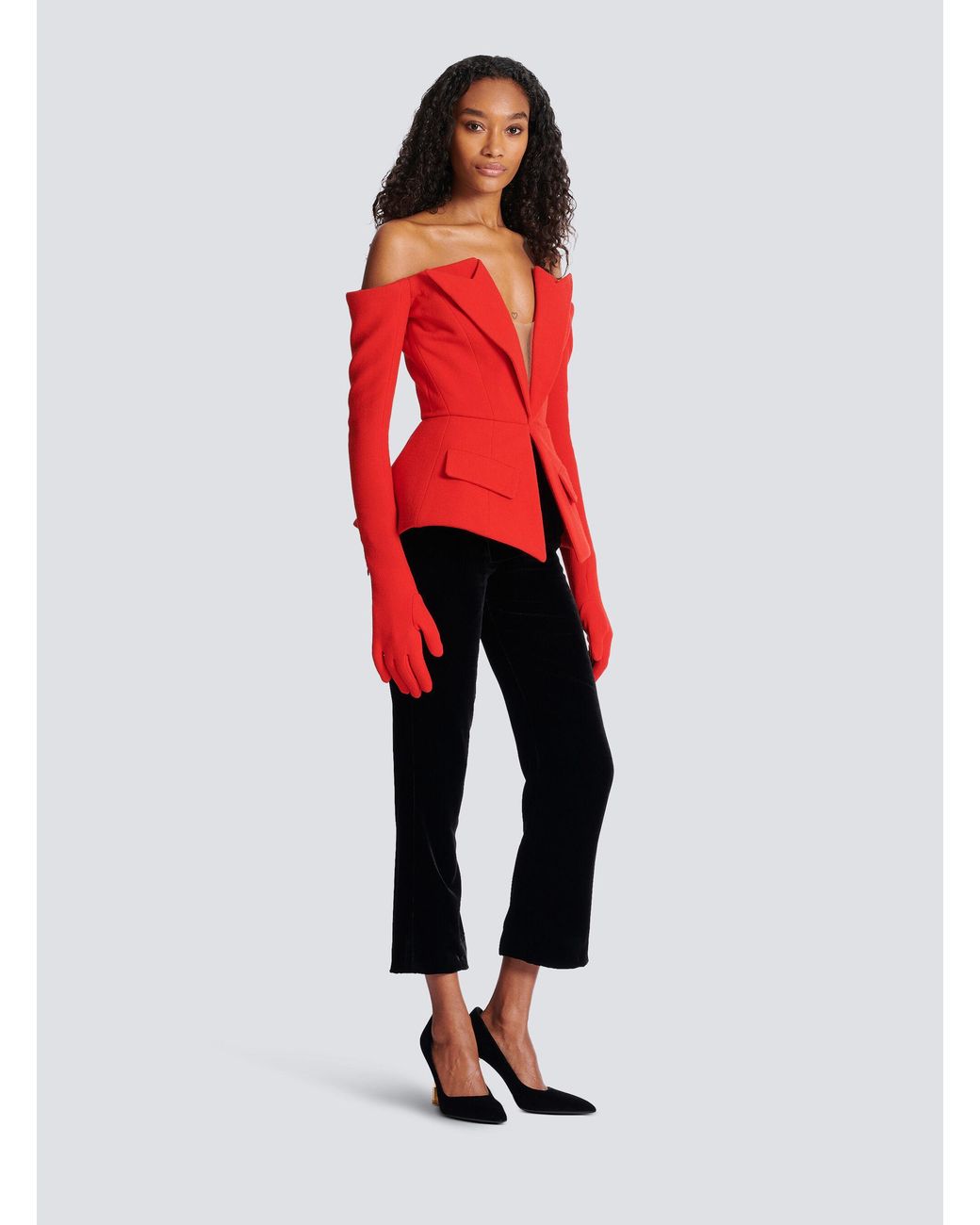 Balmain Red Off-The-Shoulder Peplum Top