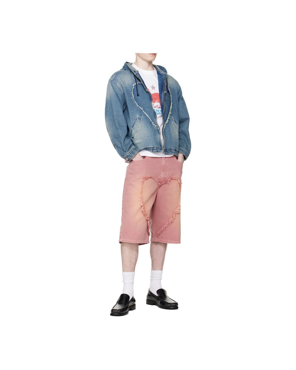 Carne Bollente Pink Frayed Heart-Motif Shorts for men