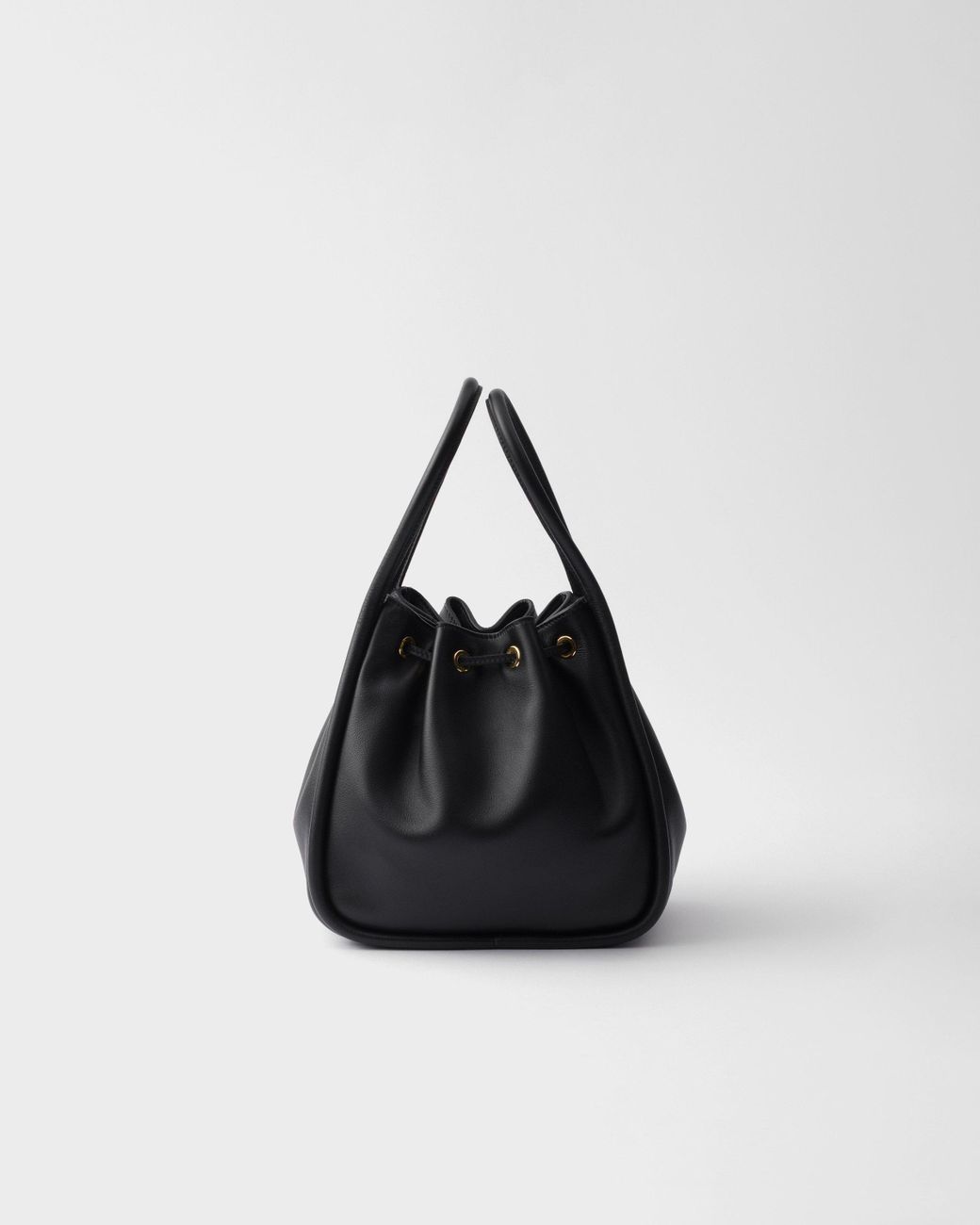 Prada Black Logo Plaque Drawstring Bucket Bag