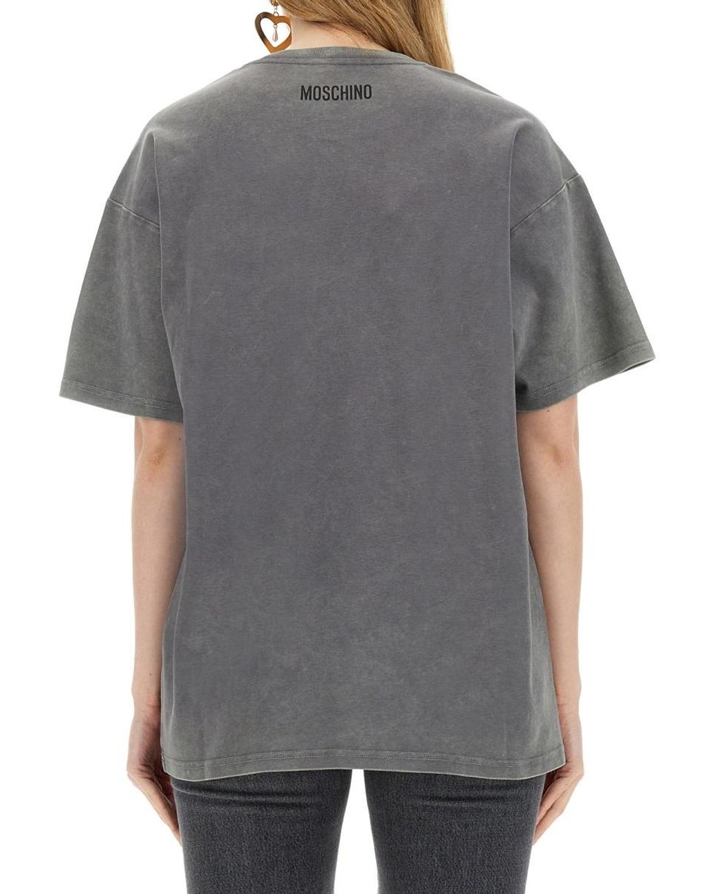 Moschino Gray Slogan-Printed Crewneck T-Shirt