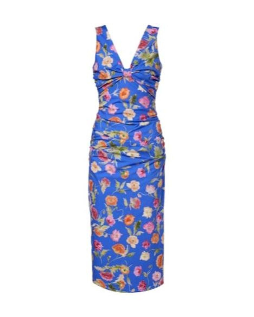 Carolina Herrera Blue Floral Gathered Cotton-Blend Midi Dress