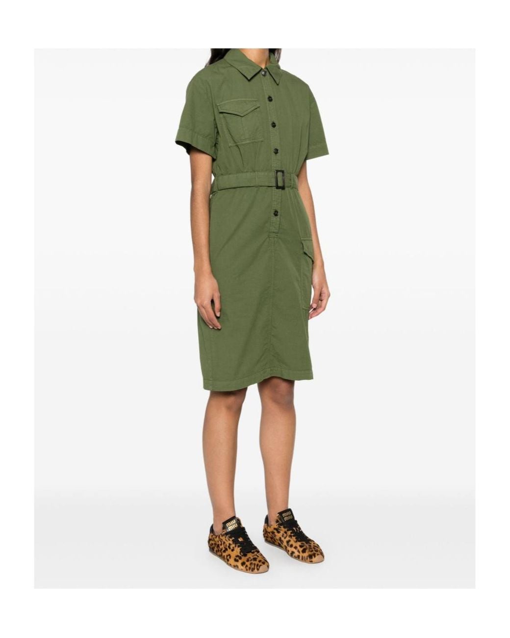 Woolrich Green Button Detailed Belted Dress