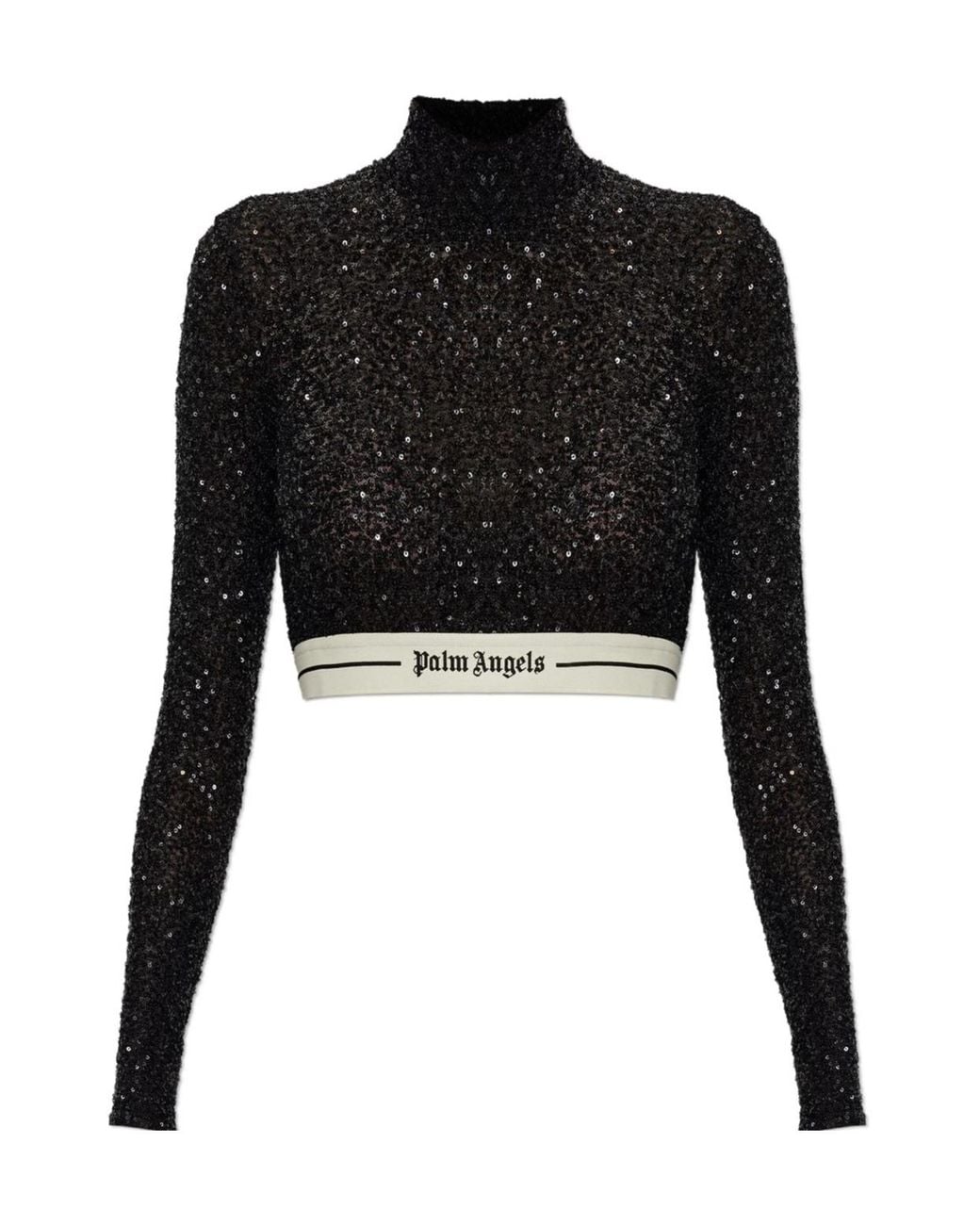 Palm Angels Black Sequined Long-Sleeve Crop Top