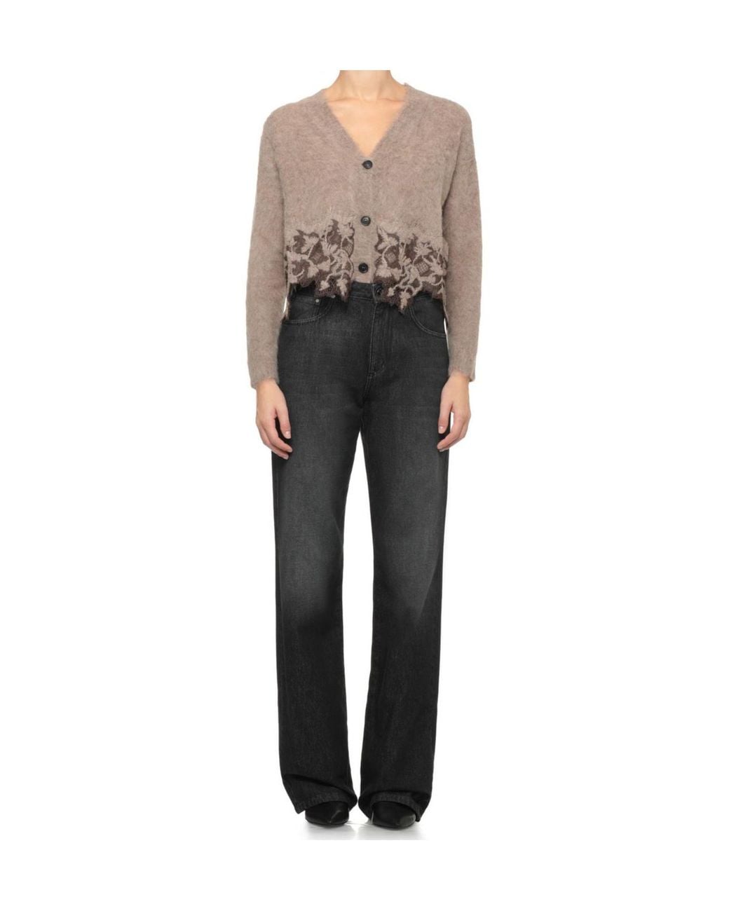 D.exterior Brown Lace Trim Cropped Cardigan