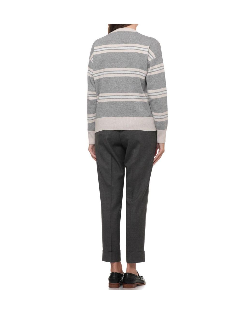 Peserico Gray Striped Crew-Neck Knitted Sweater