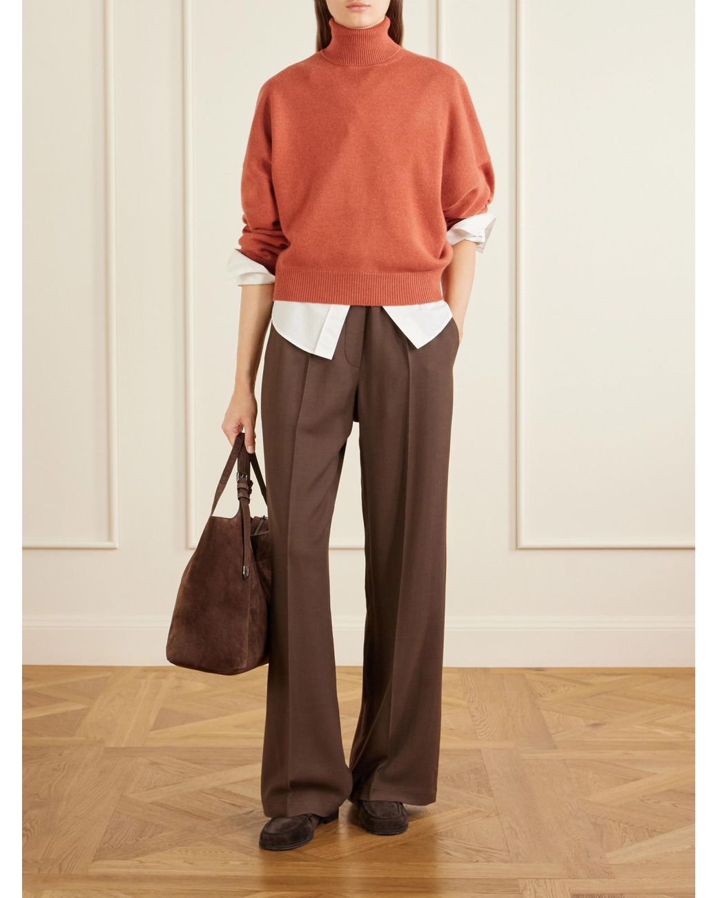 Brunello Cucinelli Brown Wool-Blend Wide-Leg Pants