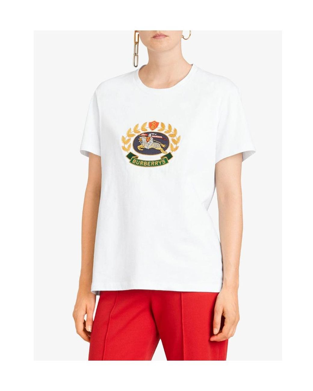 Burberry White Equestrian Knight Logo Embroidered T-Shirt
