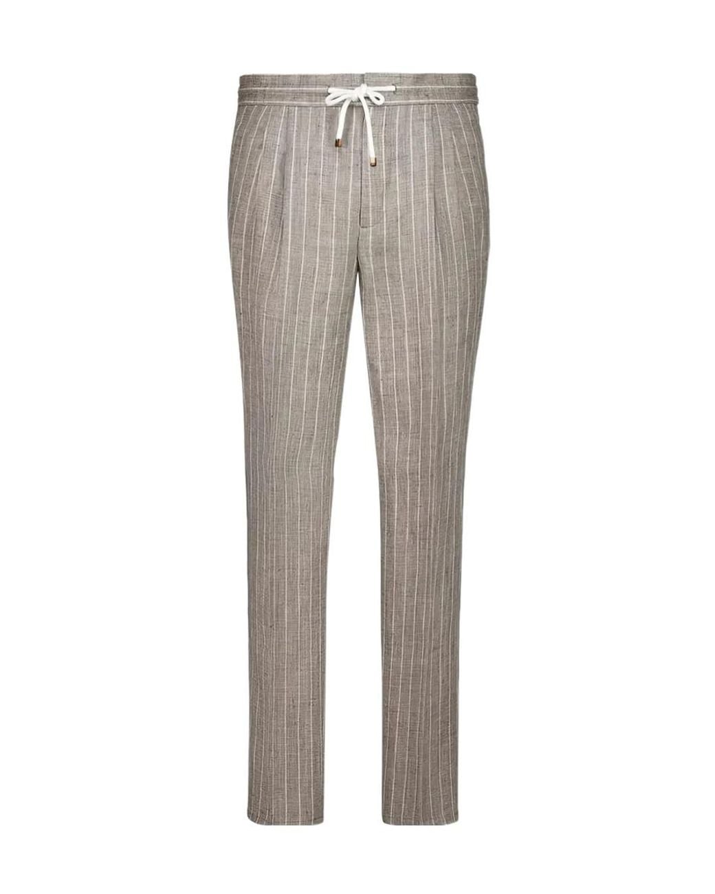 Brunello Cucinelli Gray Chalk Stripe Linen Twill Trousers With Drawstring And Double Pleats for men