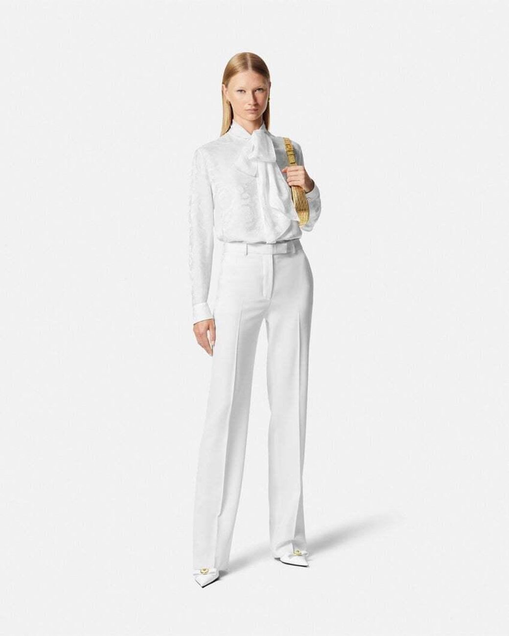 Versace White Barocco-Jacquard Pussy-Bow Blouse