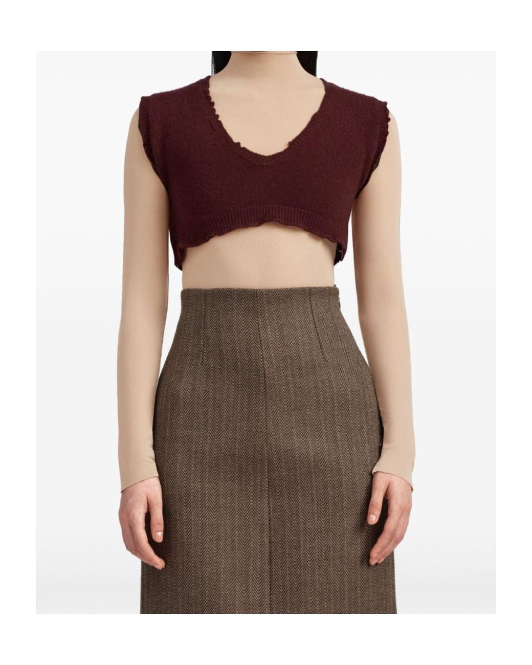 Maison Margiela Red Distressed Cropped Knitted Top
