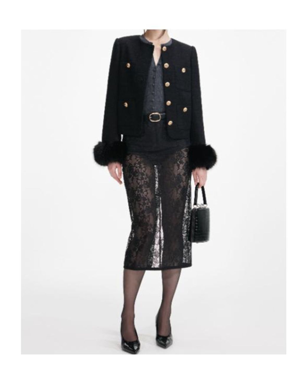 Self-Portrait Black Boucle Fur Cuff Jacket